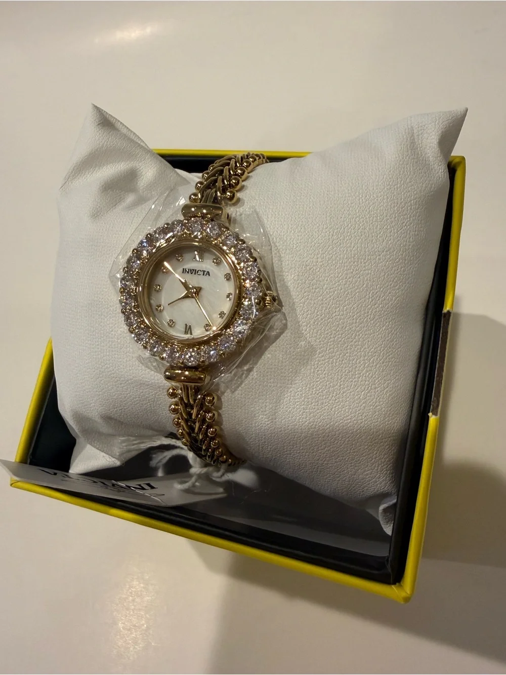 NEW Invicta Angel Lady Gold Tone Crystal Bezel 24.8mm Quartz Bracelet Watch Glam